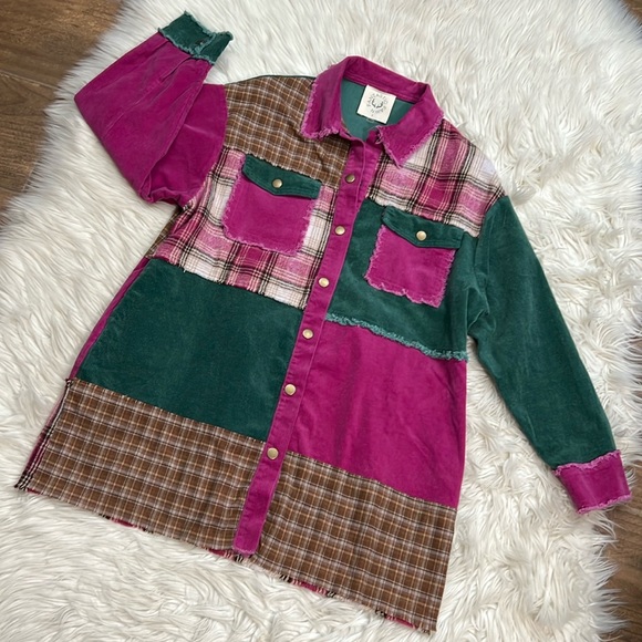 Fantastic Fawn Plaid Corduroy Shacket Mixed Material Snap Front Closure Size S - Picture 1 of 12